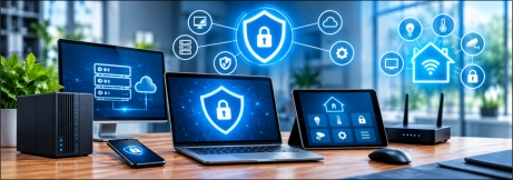 Moderne IT- und Smart-Home-Sicherheitslösung mit Computer, Laptop, Tablet, Smartphone, Server und WLAN-Router. Digitale Symbole für Datenschutz, Netzwerksicherheit, Cloud, Smart Home, Überwachung und Gerätesteuerung veranschaulichen die sichere Vernetzung