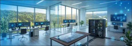 Modernes IT-Systemhaus mit vernetzten Arbeitsplätzen, mehreren Monitoren, Server-Racks und digitaler Netzwerktechnik. Eine großflächige Glasfassade bietet Ausblick auf eine grüne Landschaft, während digitale Symbole für Netzwerk, Cloud, WLAN und sichere I