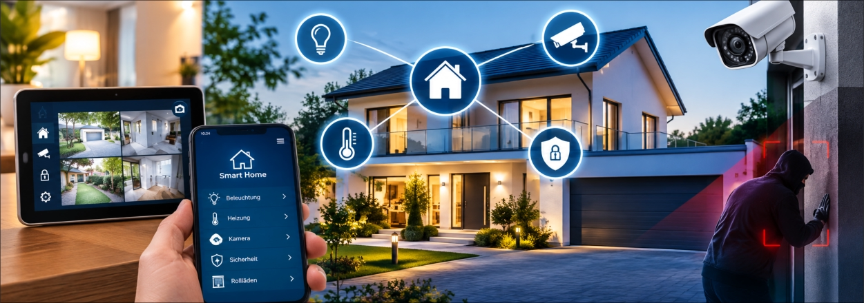 Visualisierung eines Smart-Home-Systems mit Haussteuerung per Smartphone-App und Überwachungskamera, die einen Einbrecher vor einem modernen Wohnhaus erfasst.